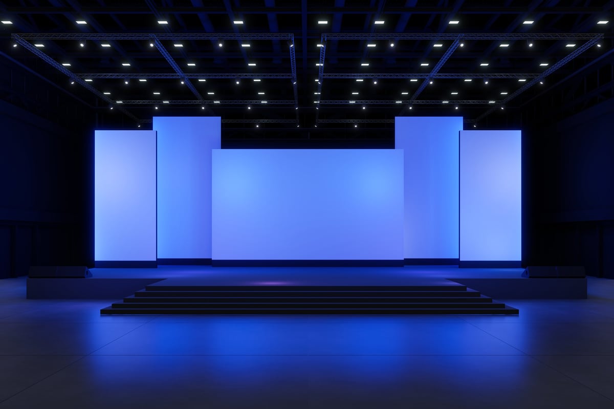 Empty stage Design for mockup and Corporate identity,Display.Platform elements in hall.Blank screen system for Graphic Resources.Scene event led night light staging.