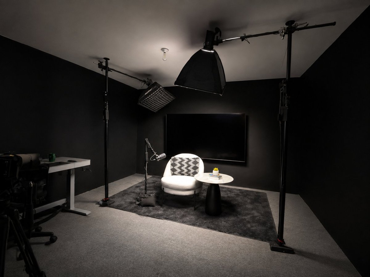 Professional photography studio with dark walls, ring light, camera equipment on tripods, and monitor displaying setup