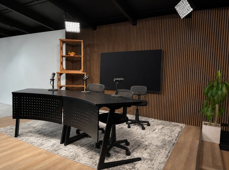 Modern office workspace with black desk, two ergonomic chairs, and a large monitor against a wood-paneled wall with studio lighting